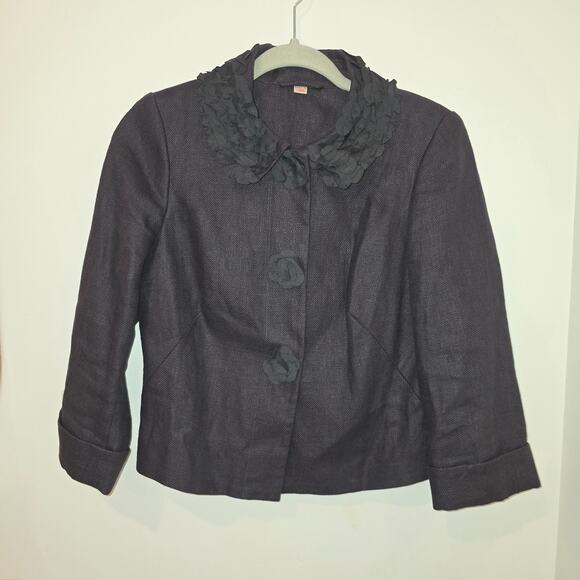 Boden Women 2 Linen Blazer Jacket Lined 3/4 Sleeve Gray Petal Collar Snap Button - Picture 2 of 8